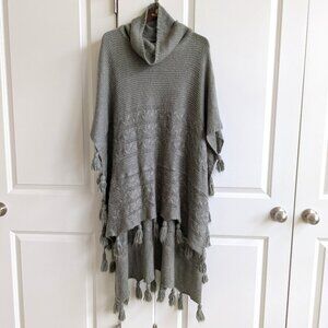 Cowl Neck Poncho Sweater Gray Mohair Blend Cable Knit Tassel Trim Tunic Cape